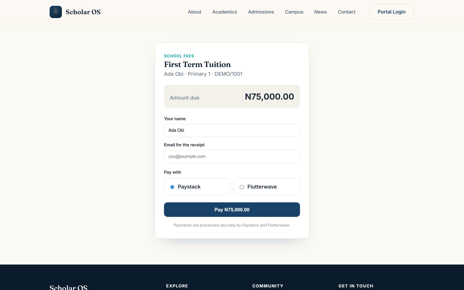 The page a parent uses to pay school fees online by card